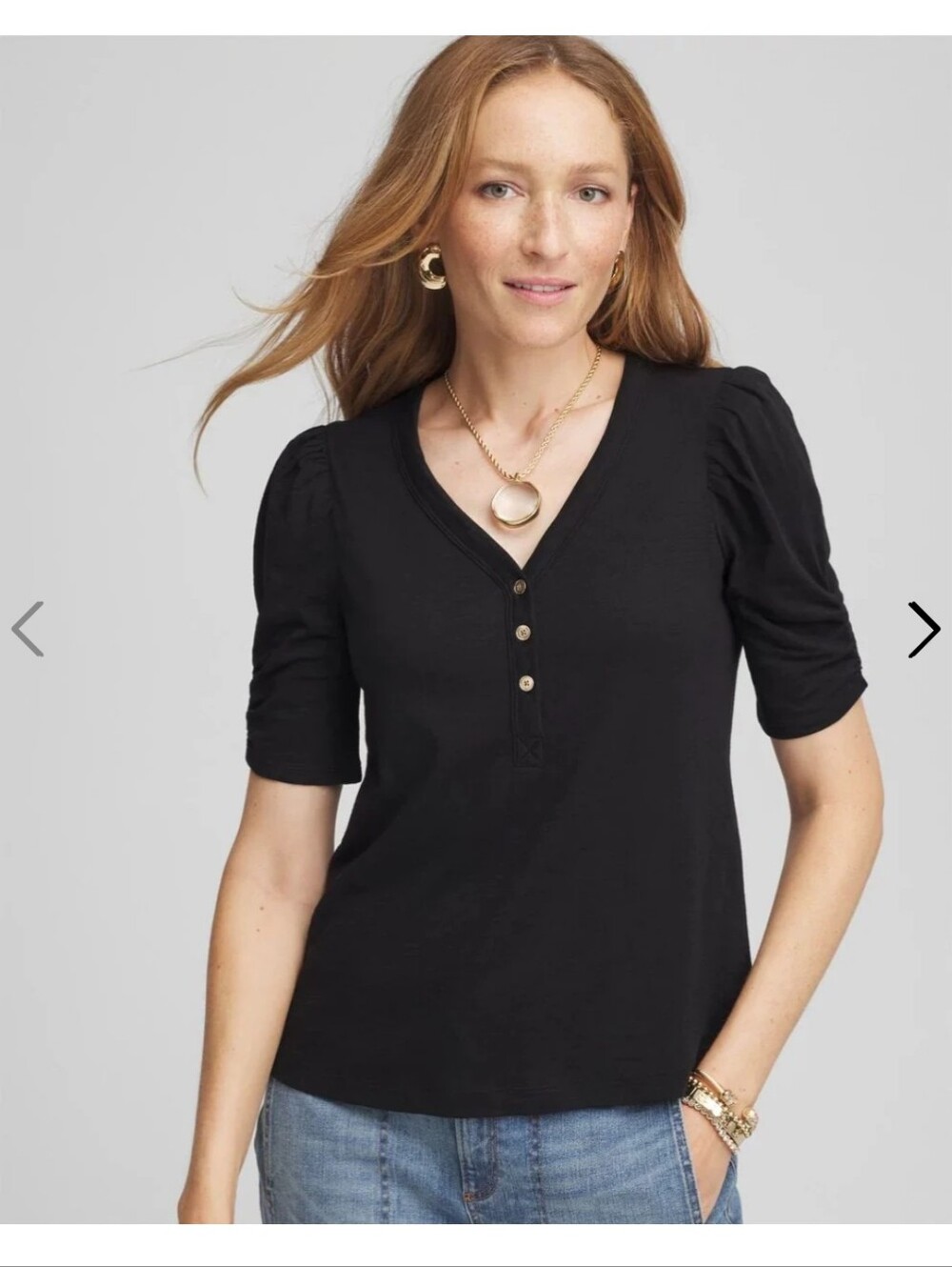 Chico's Black Slub Split Neck Henley Tee